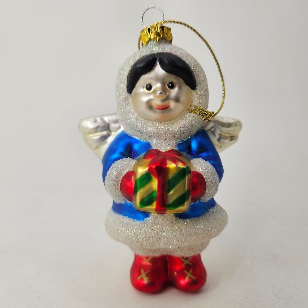 Alaska Inuit Angel Child Christmas Ornament Blown Glass Glitter Blue White Gift
